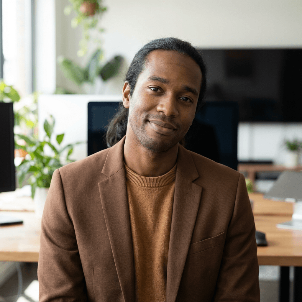 Professional headshot of a focused man in his 30s in a business casual shirt