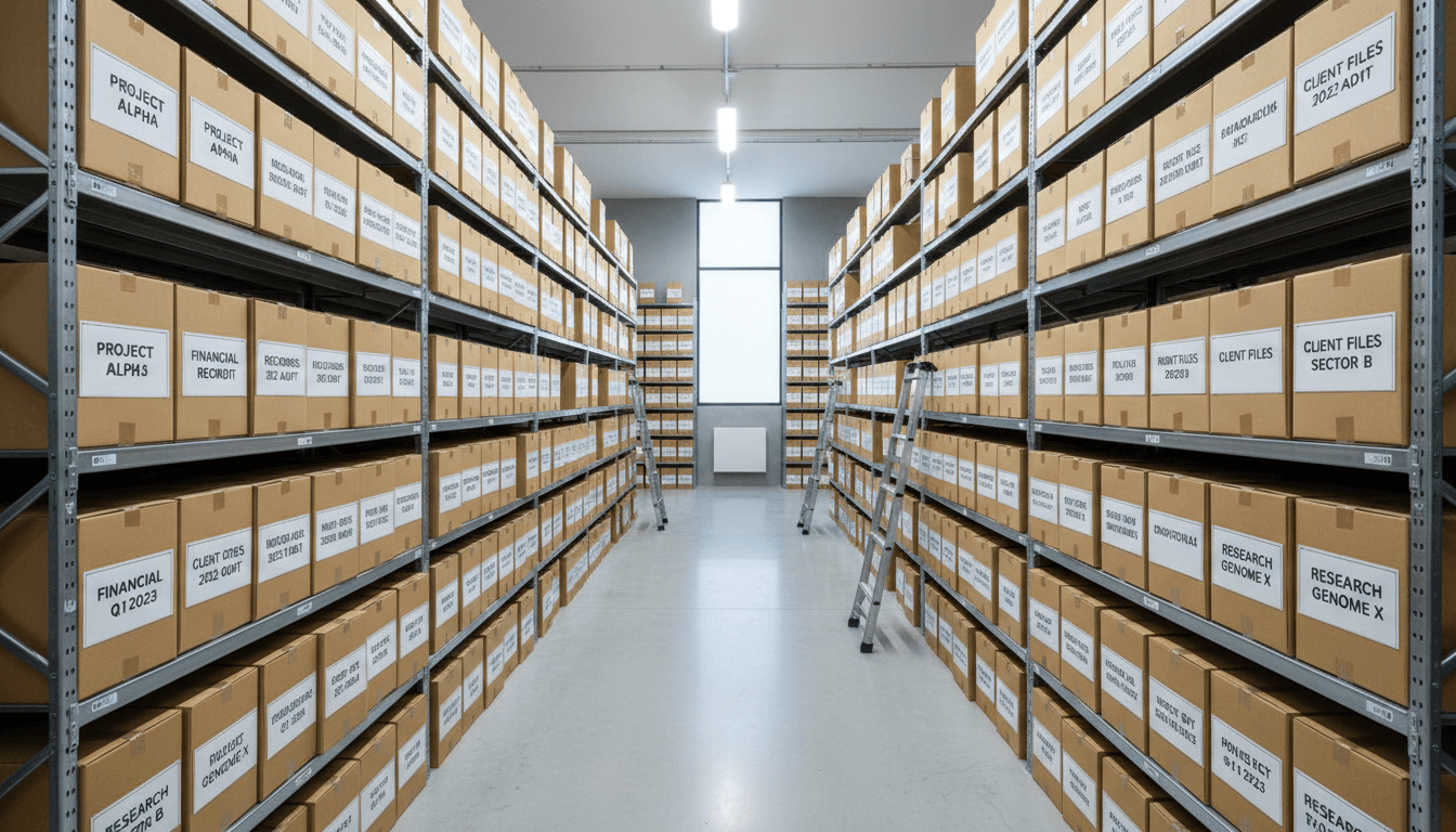 Neat rows of labeled document boxes on shelving in a clean records storage facility