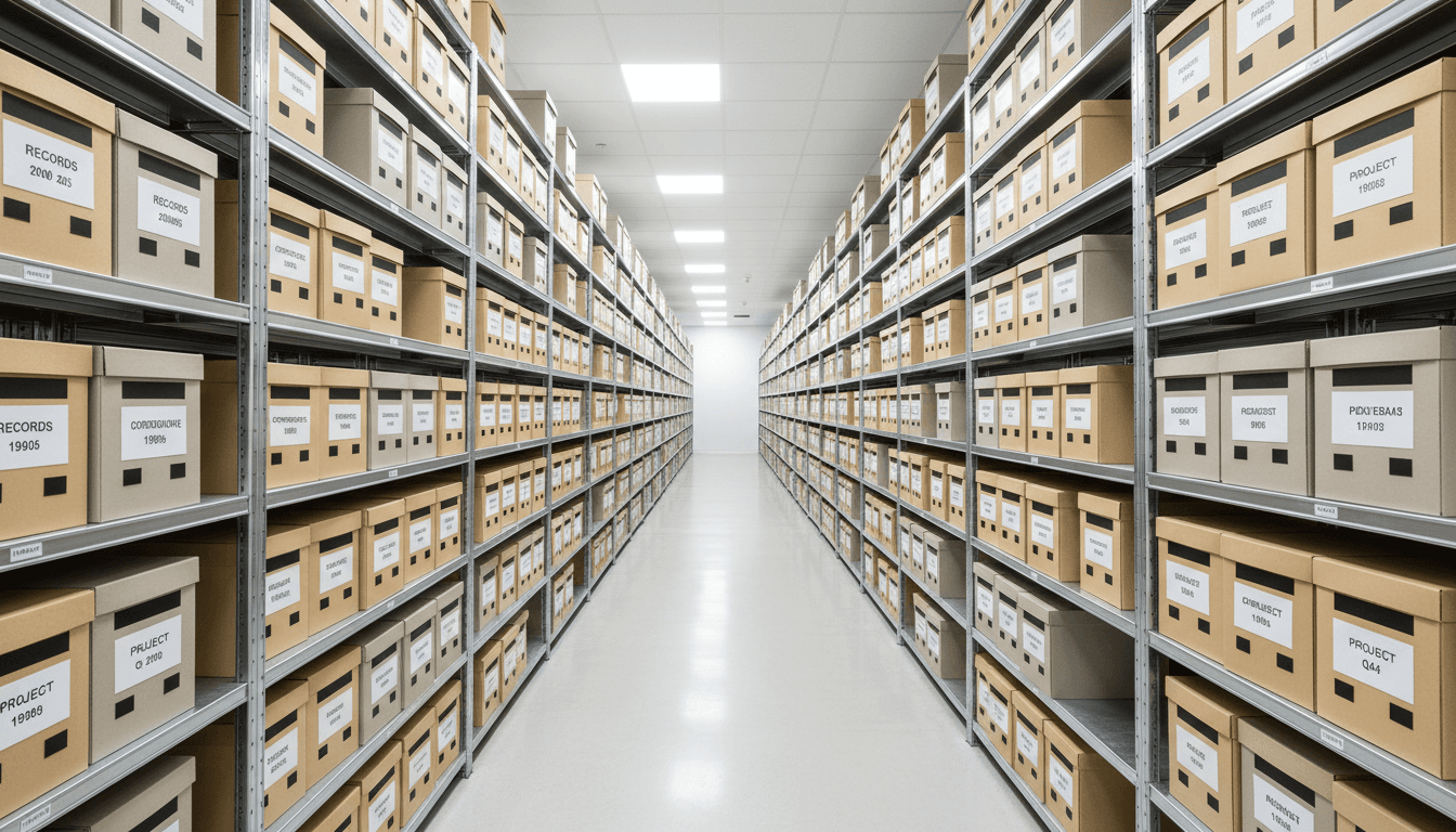 Organized archival boxes on shelving in a clean storage facility
