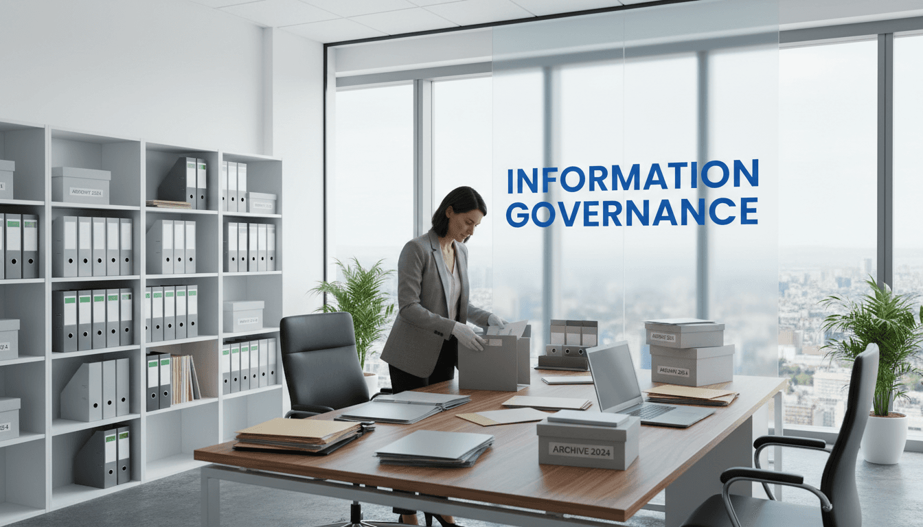 Professional organizing documents in a bright modern office