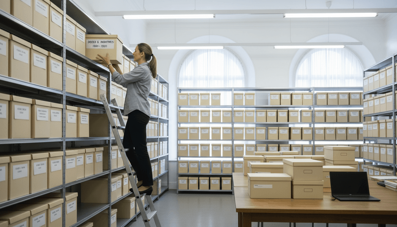 Records manager in an organized storage room sorting clearly labeled archival boxes