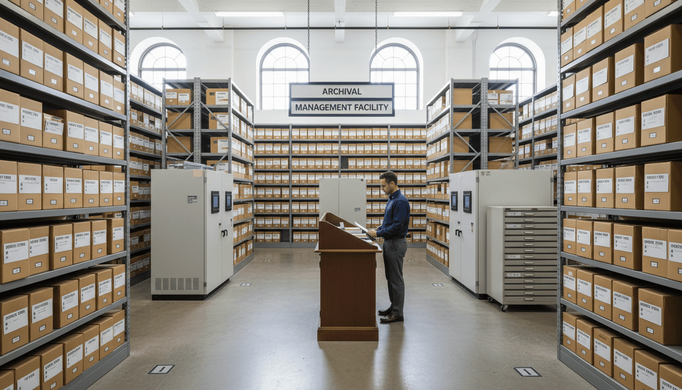 Professional organizing document boxes on shelving in a bright records storage facility