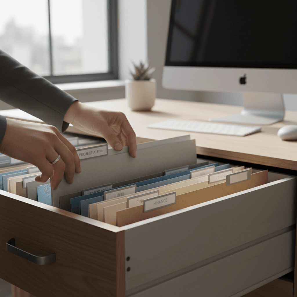 Professional archivist labeling file folders in a bright organized office