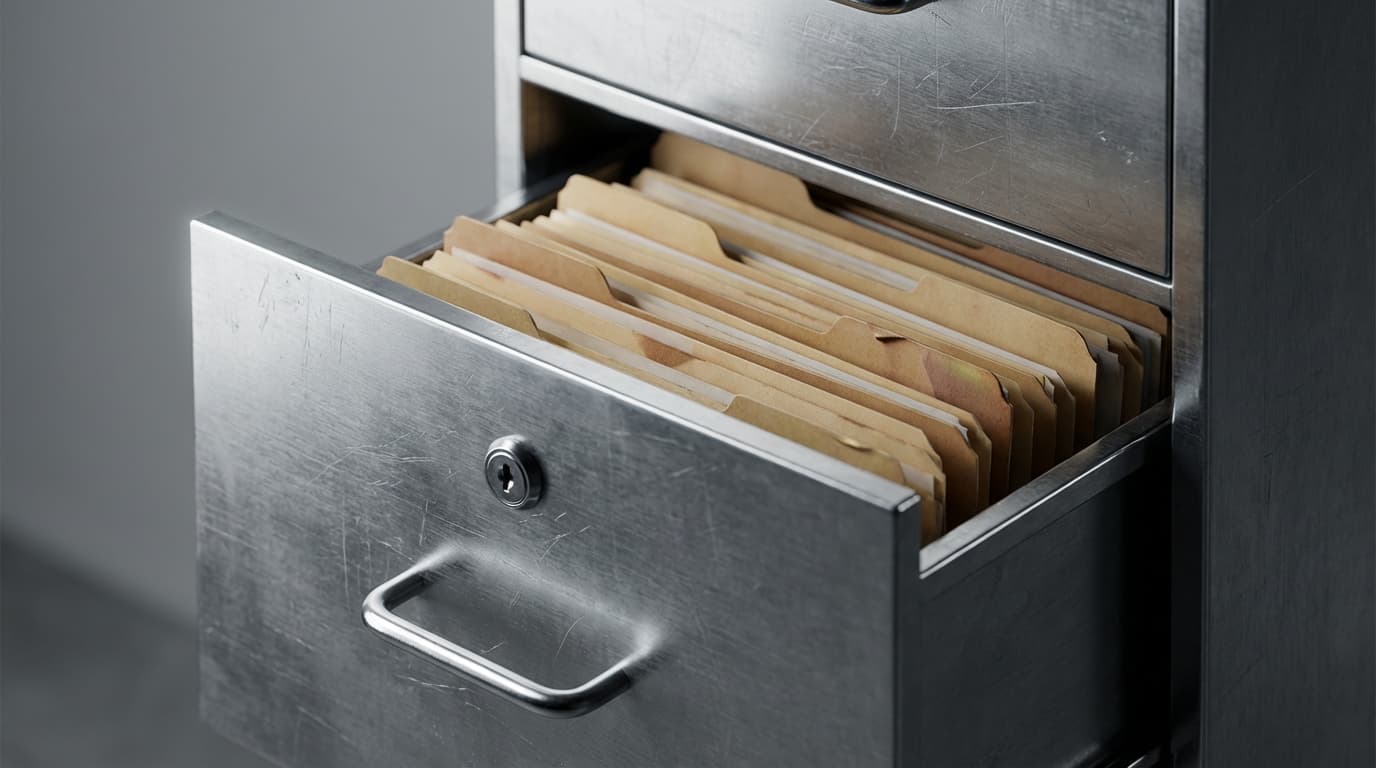 Locked filing cabinet in a professional office setting