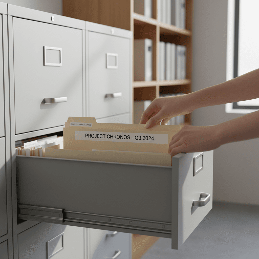 Professional archivist organizing labeled document boxes on shelves in a bright clean office