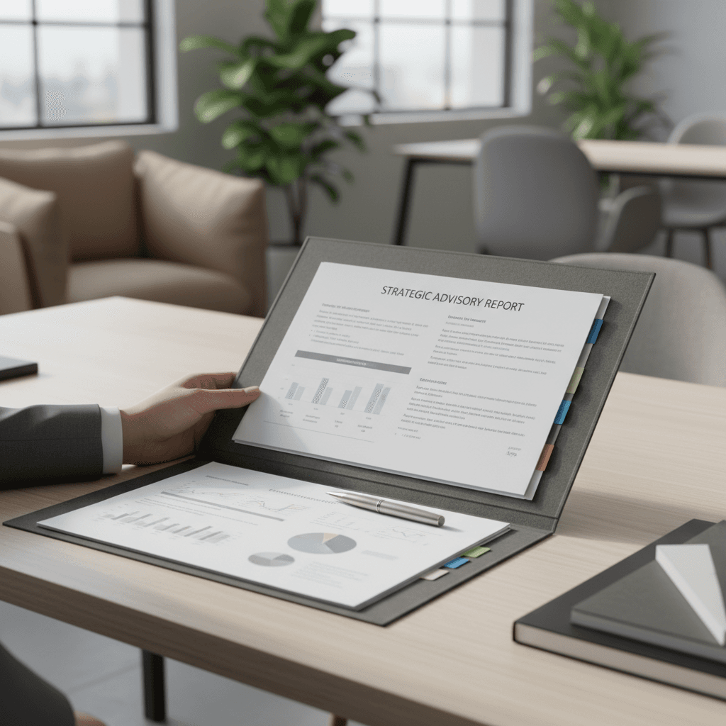 Professional consultant reviewing documents in a bright office