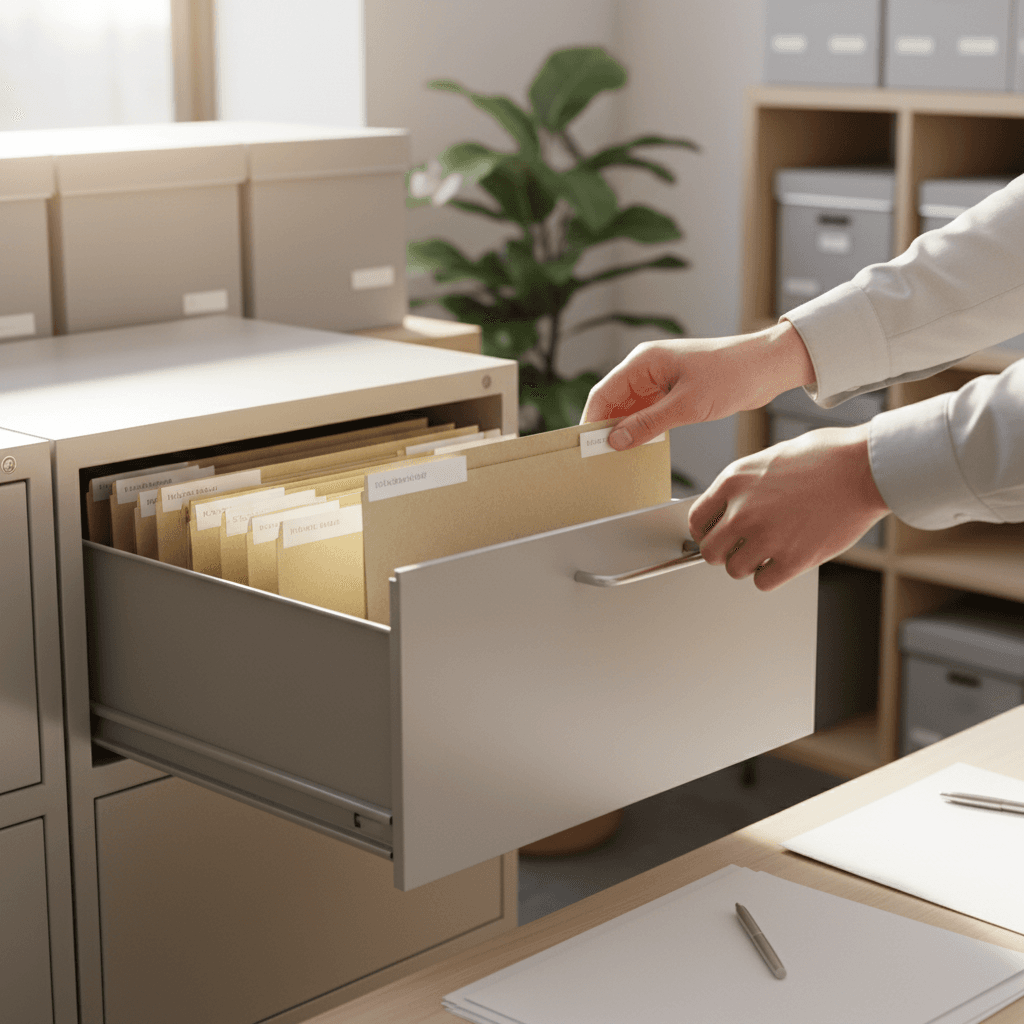 Professional reviewing documents at a bright office desk with organized files