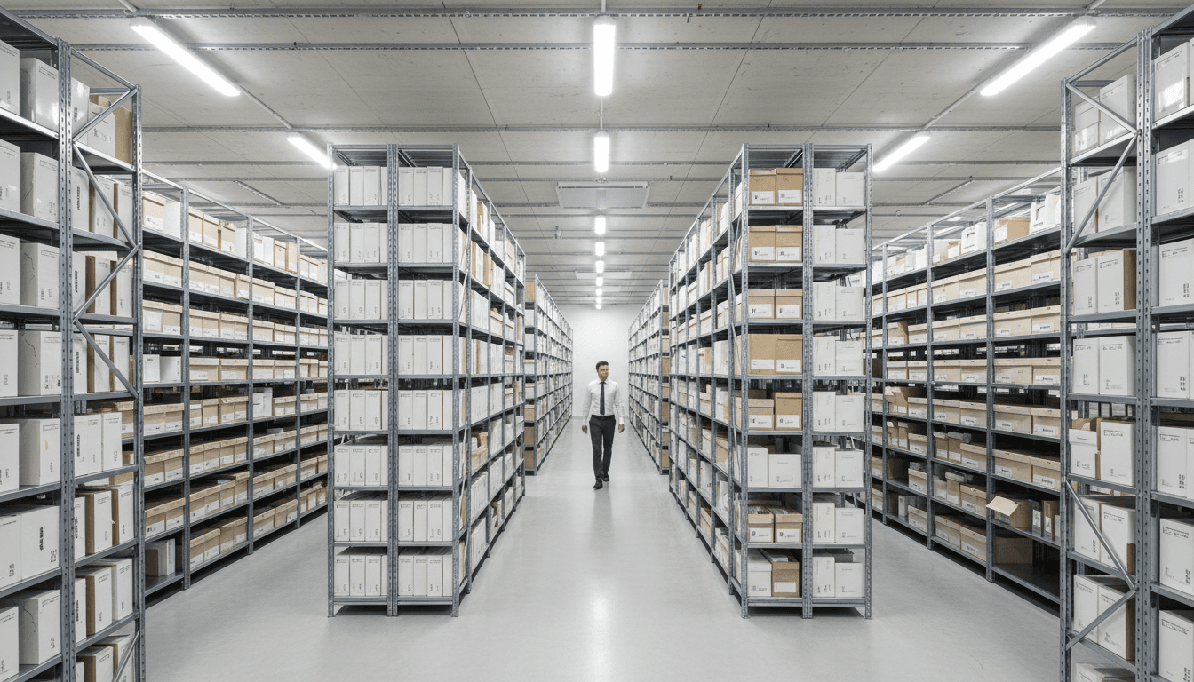 Neatly labeled records boxes on shelving in an organized archive room