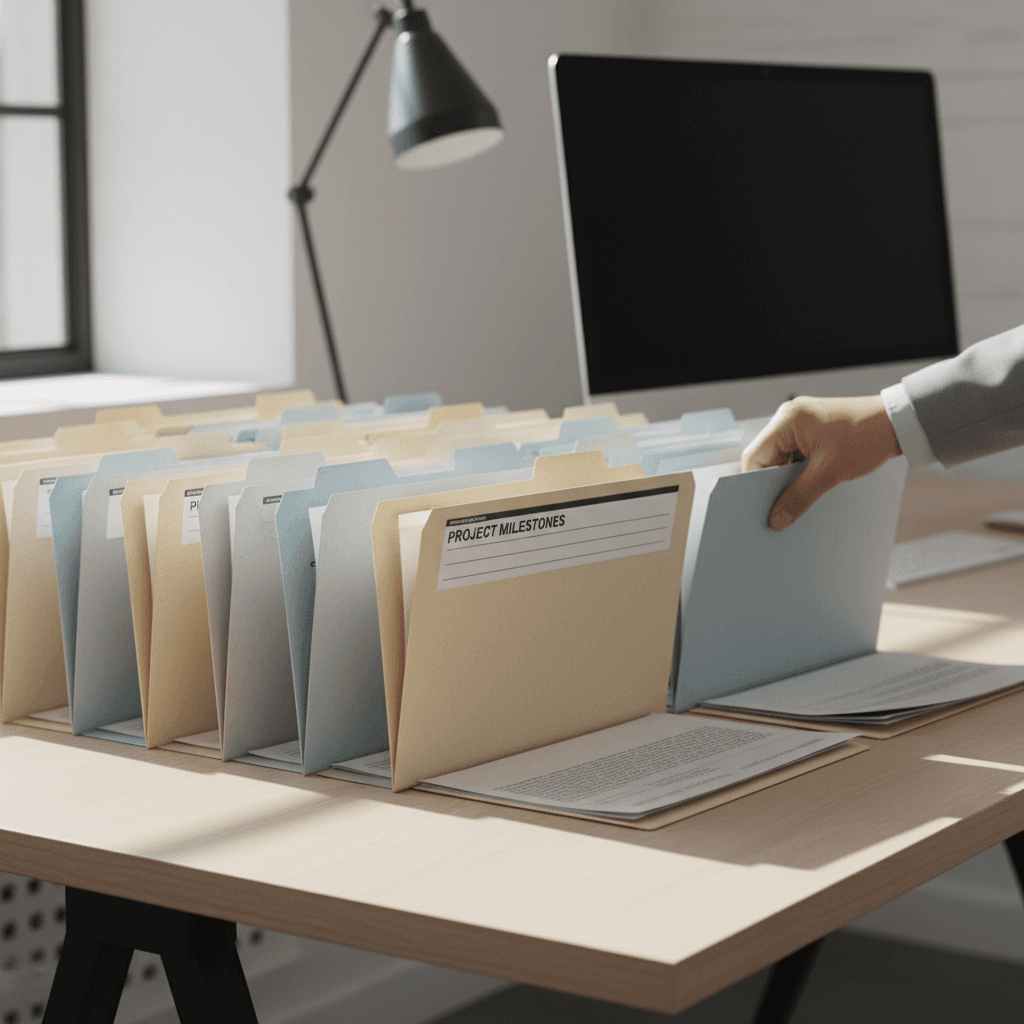 Professional organizing documents in a bright modern office